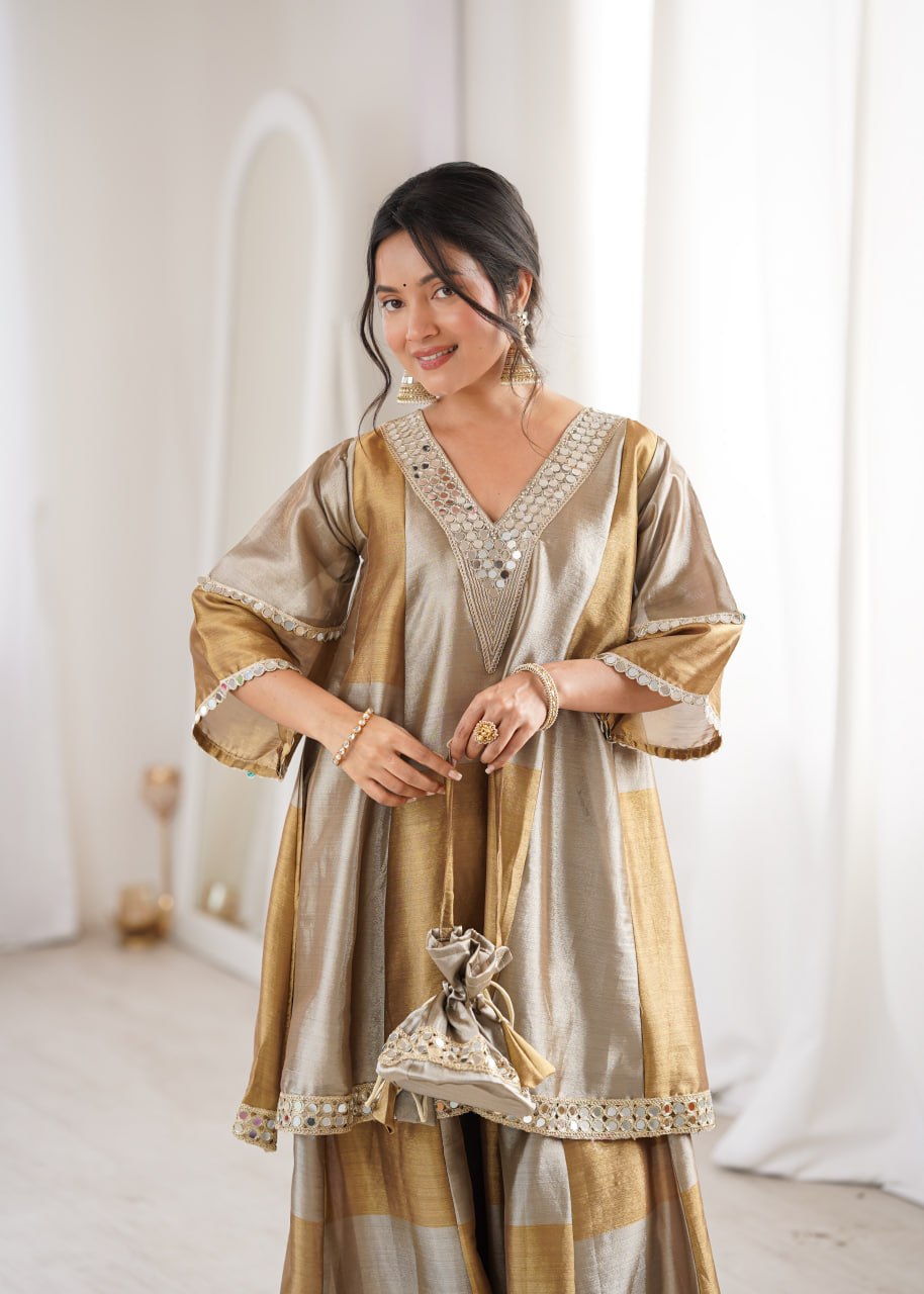 Two tone Tissue Fabric with Coding Embroidered & mirror work Lace