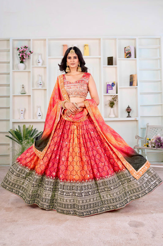 Chinon Silk Digital print with Sequins and Zari  Embroidery Work Lehenga