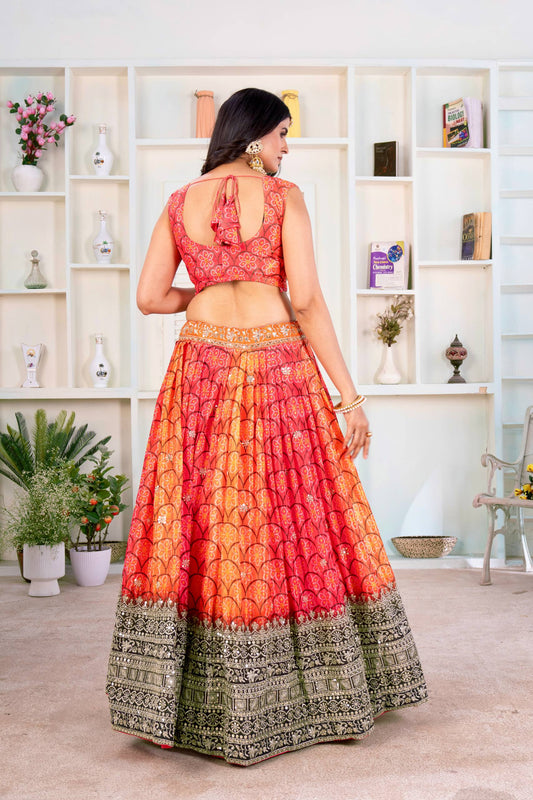 Chinon Silk Digital print with Sequins and Zari  Embroidery Work Lehenga