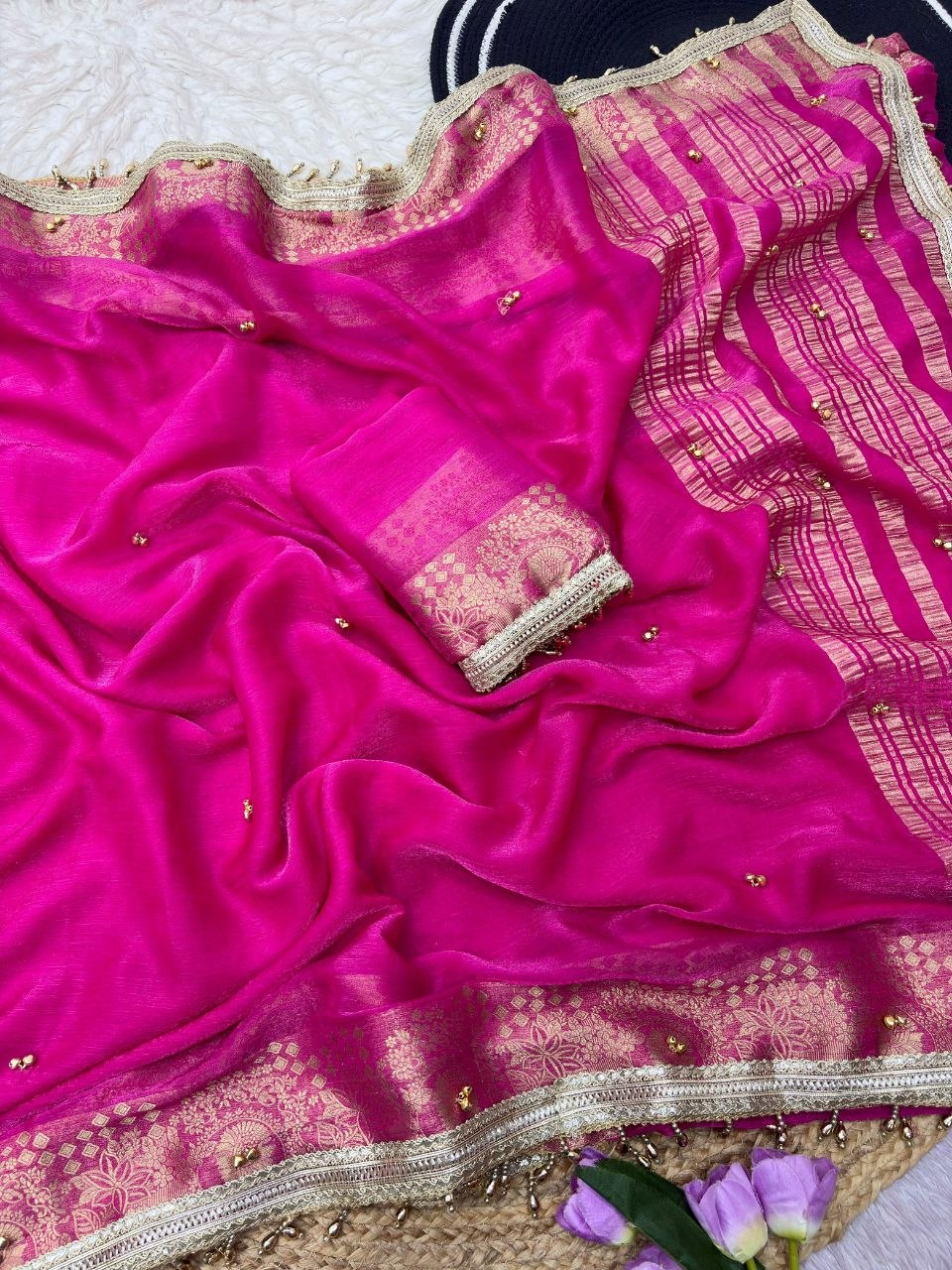 Sattin chiffon silk with beautiful घुंघरू in whole saree