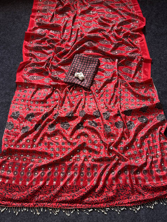 Semi Model Silk Ultra Soft With ajarakh Print Saree