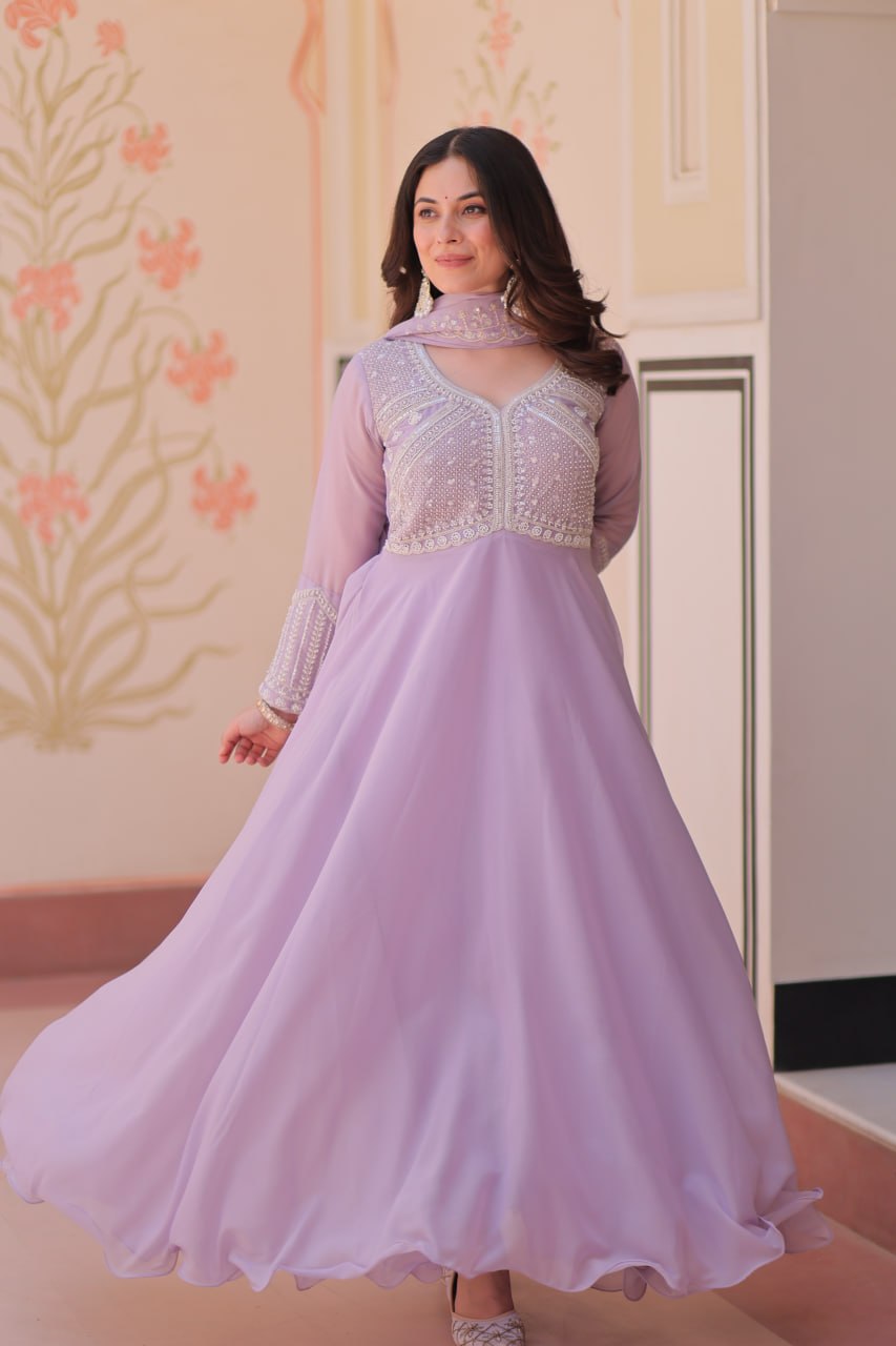 Star Georgette With Rich Sequins Coding & Beads Embroidered work Gown