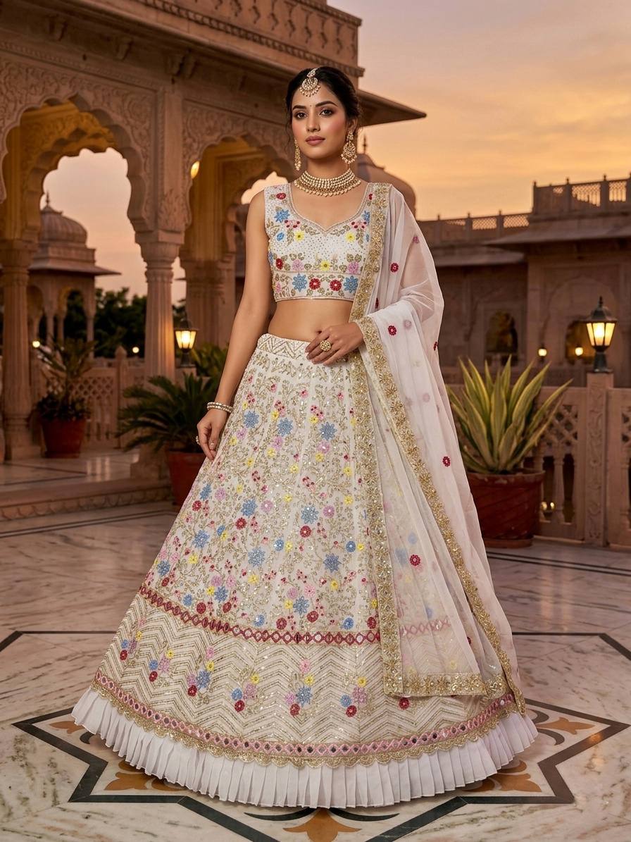 Launching 4 meter flared Fox Georgette Real Mirror and Frill Work Lehenga