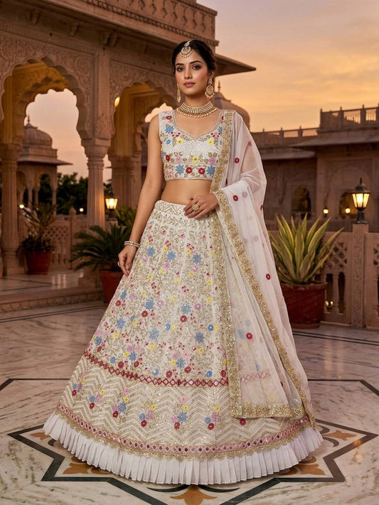 Launching 4 meter flared Fox Georgette Real Mirror and Frill Work Lehenga