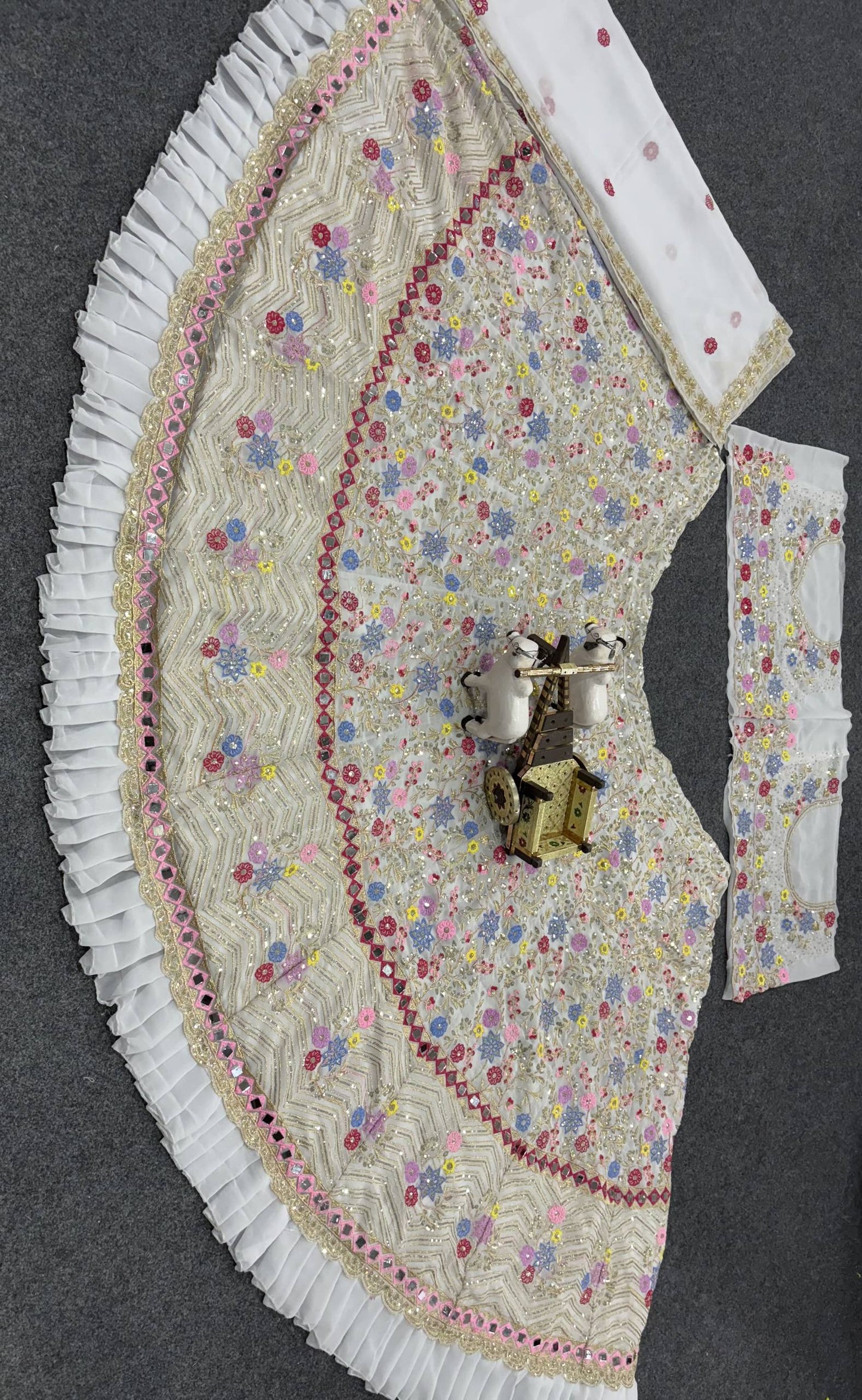 Launching 4 meter flared Fox Georgette Real Mirror and Frill Work Lehenga