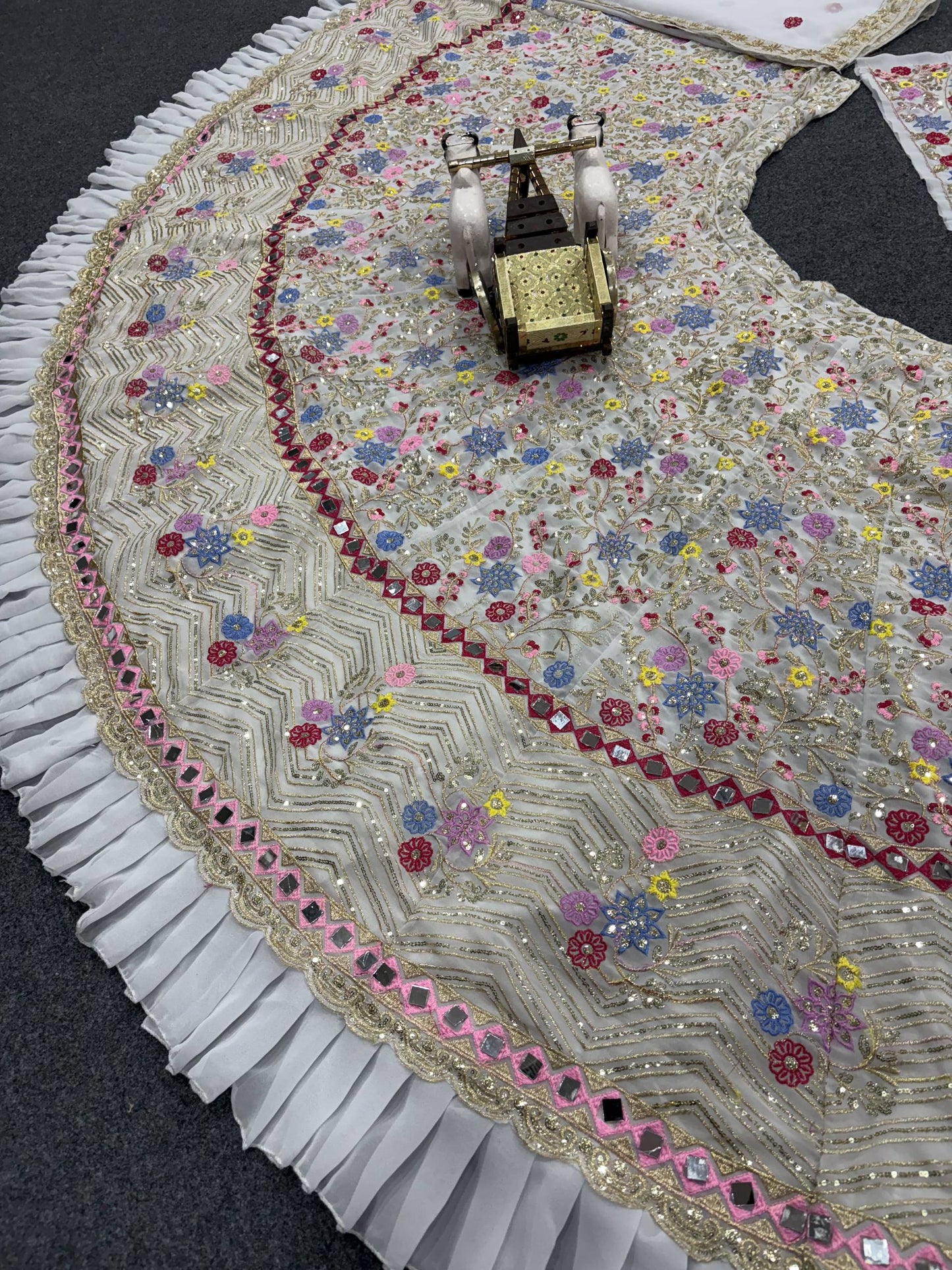 Launching 4 meter flared Fox Georgette Real Mirror and Frill Work Lehenga