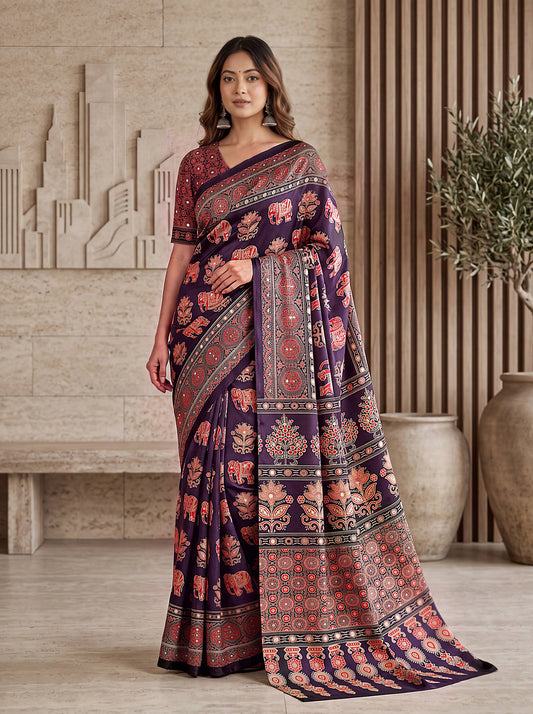 Intricately Ajrak Digital print saree