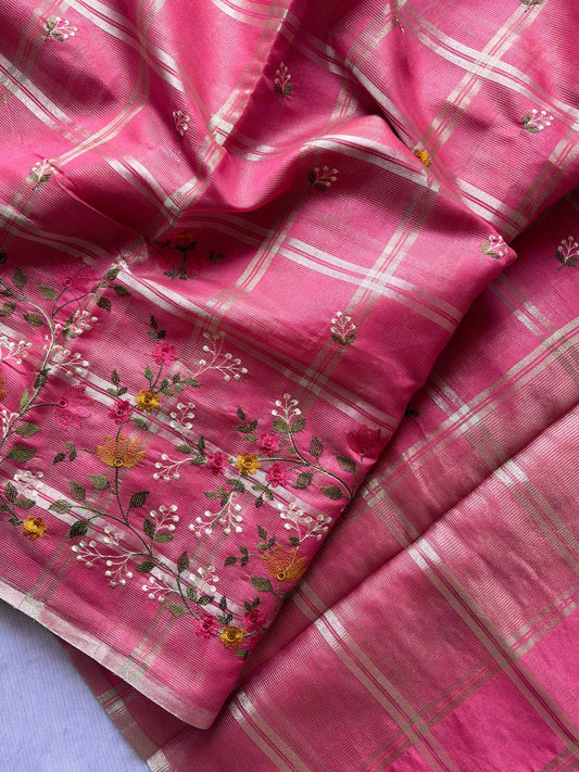 Superb Soft Tusser silk  fabric with zari chex fabric saree