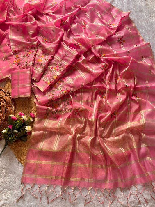 Superb Soft Tusser silk  fabric with zari chex fabric saree