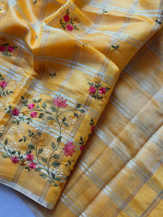 Superb Soft Tusser silk  fabric with zari chex fabric saree