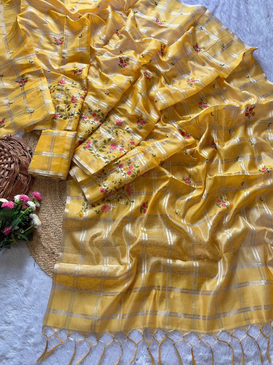 Superb Soft Tusser silk  fabric with zari chex fabric saree
