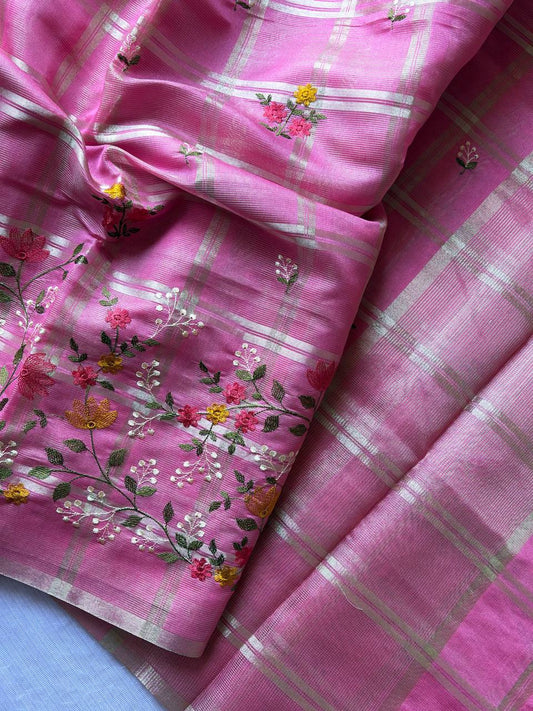Superb Soft Tusser silk  fabric with zari chex fabric saree