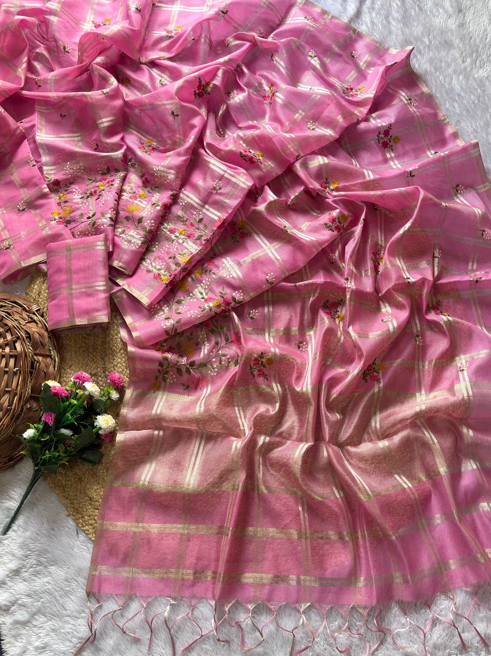 Superb Soft Tusser silk  fabric with zari chex fabric saree