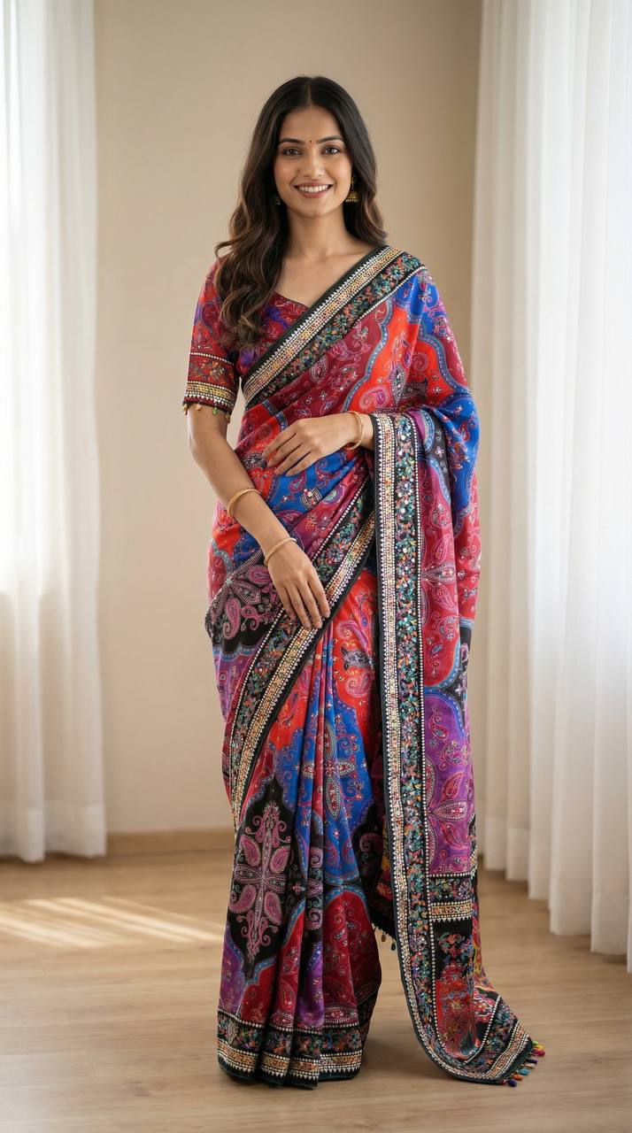 Roman Silk With ajarakh Print Saree