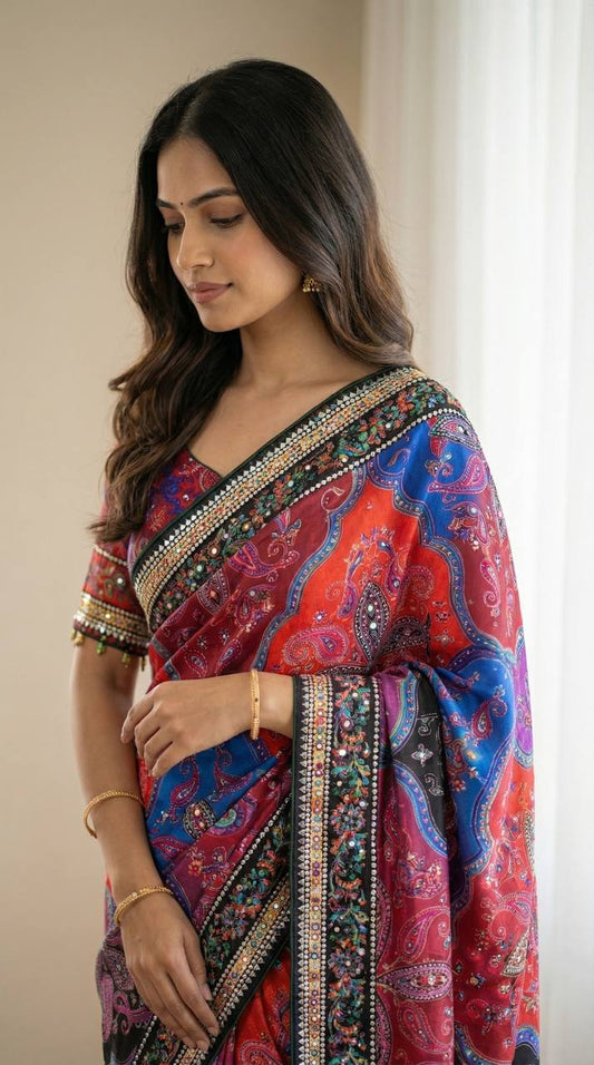 Roman Silk With ajarakh Print Saree