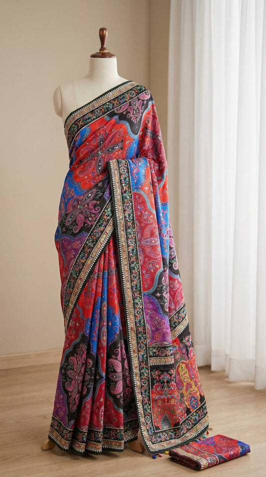 Roman Silk With ajarakh Print Saree