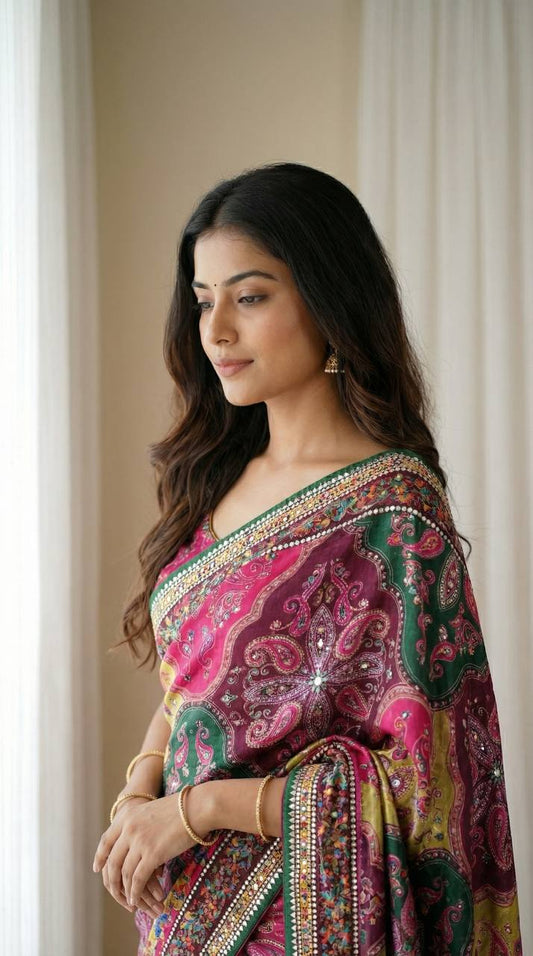 Roman Silk With ajarakh Print Saree