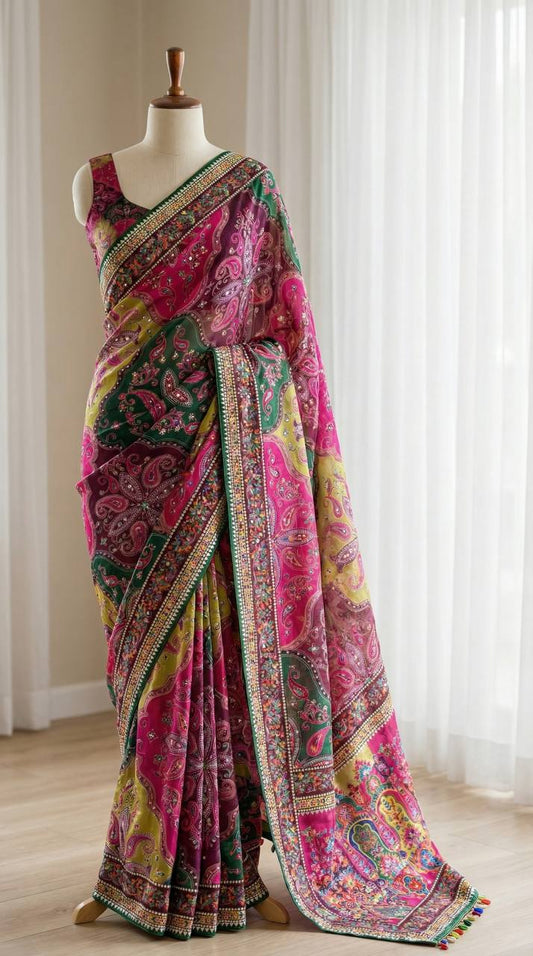 Roman Silk With ajarakh Print Saree