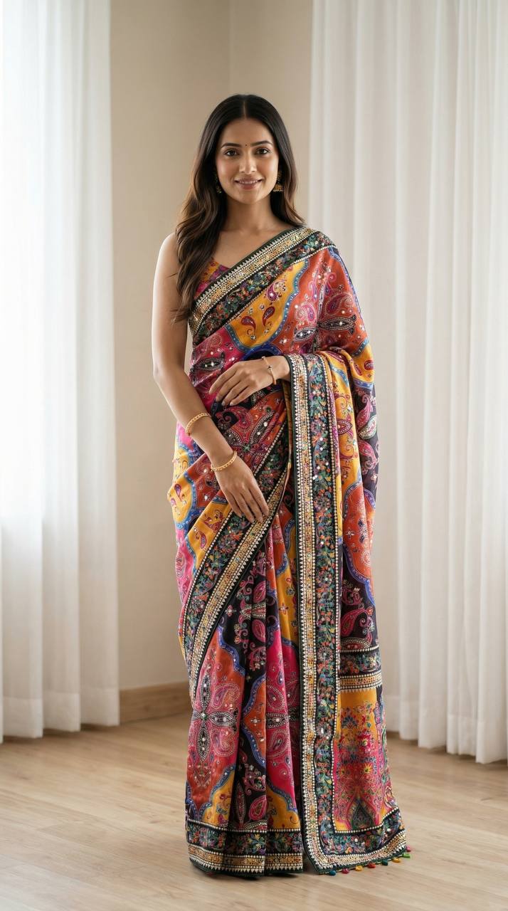 Roman Silk With ajarakh Print Saree