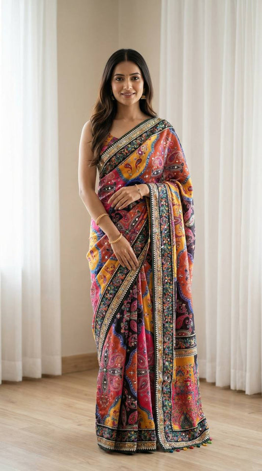 Roman Silk With ajarakh Print Saree