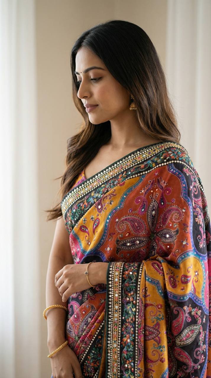 Roman Silk With ajarakh Print Saree