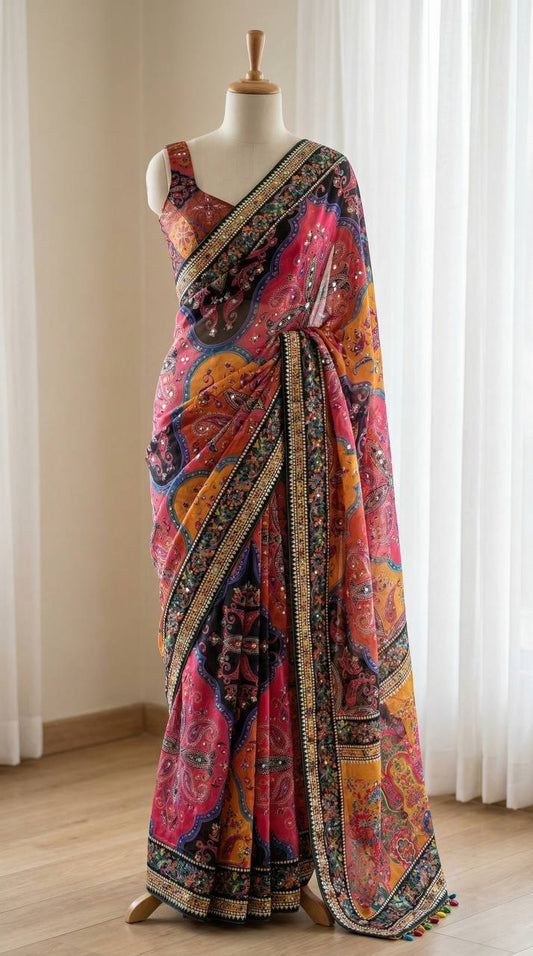 Roman Silk With ajarakh Print Saree