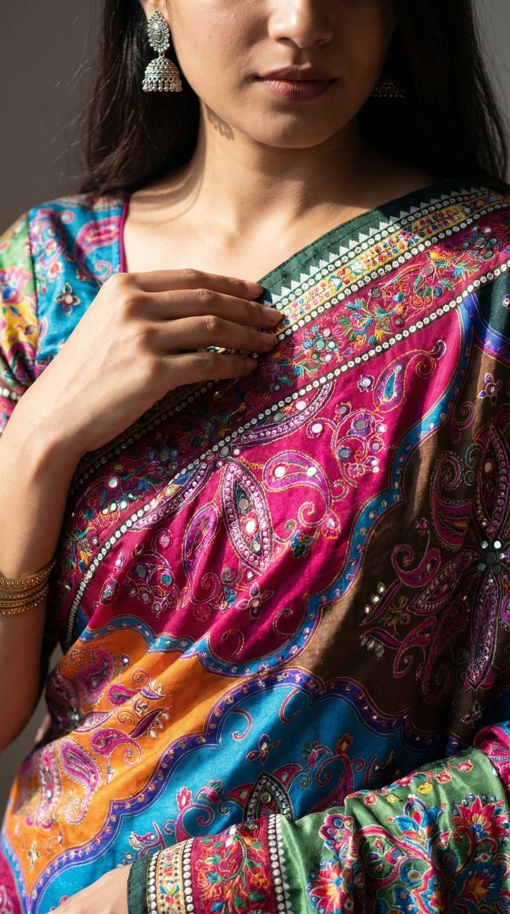 Roman Silk With ajarakh Print Saree