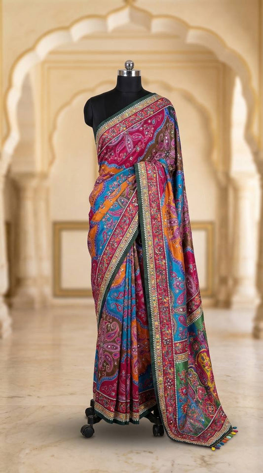Roman Silk With ajarakh Print Saree