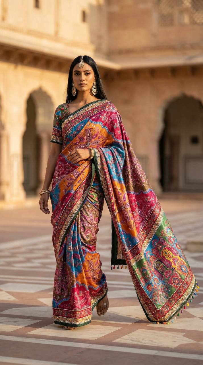 Roman Silk With ajarakh Print Saree