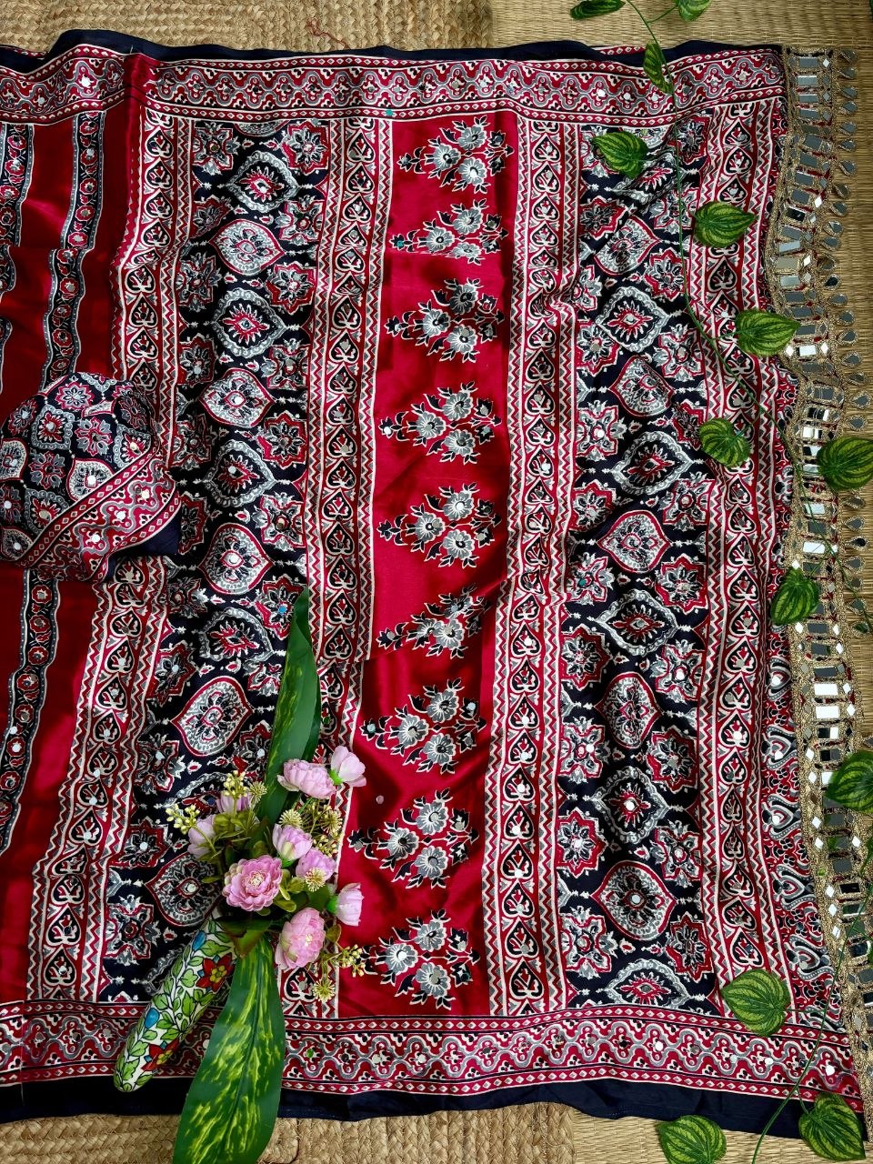 Very Soft and Elegant Rich look Original Japan Sartin Ajarak Print Saree
