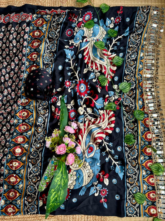 Very Soft and Elegant Rich look Original Japan Sartin Ajarak Print Saree