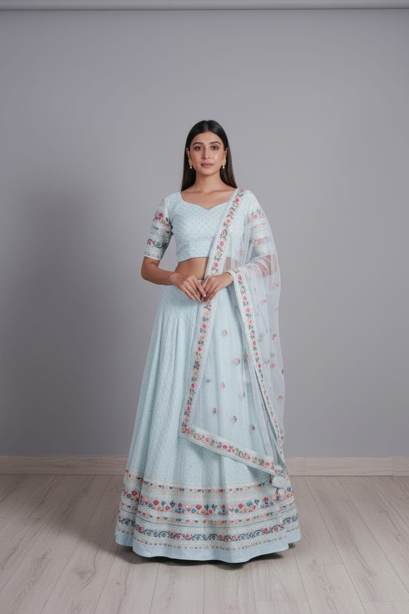 Georgette Multi sequence thread Embroidery work Lehenga