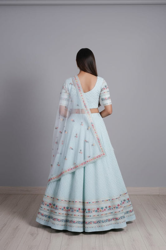 Georgette Multi sequence thread Embroidery work Lehenga