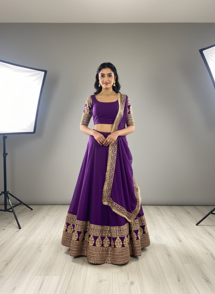 Faux Georgette Zari Sequence Embroidery Lehenga