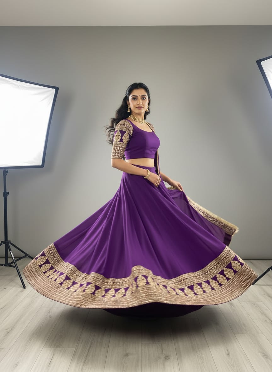 Faux Georgette Zari Sequence Embroidery Lehenga