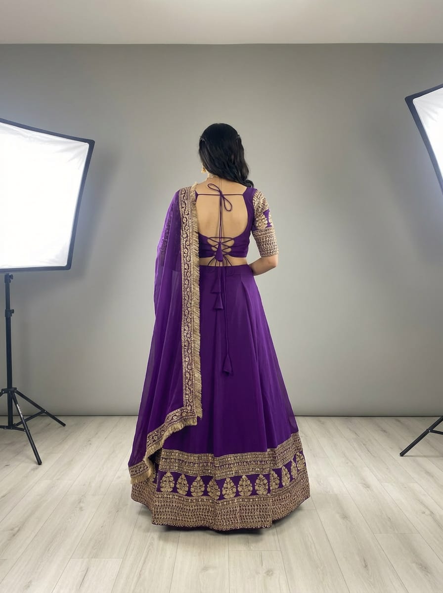 Faux Georgette Zari Sequence Embroidery Lehenga