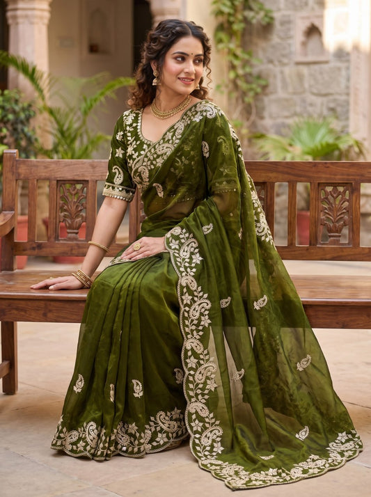 Fendy Sattin With C -pallu 3 mm sequence coding embroidery work saree
