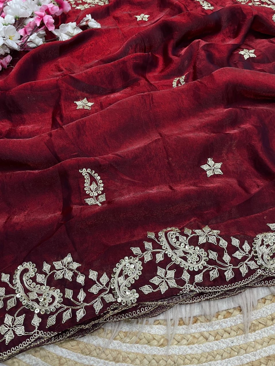 Fendy Sattin With C -pallu 3 mm sequence coding embroidery work saree