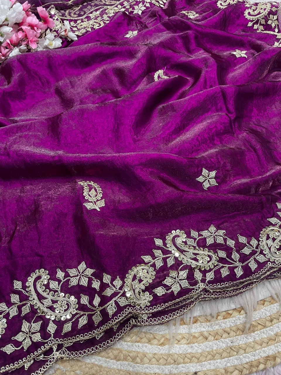 Fendy Sattin With C -pallu 3 mm sequence coding embroidery work saree