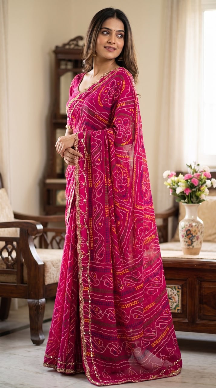 Pure Fox Geogate With Beautiful Bandhani Print Saree