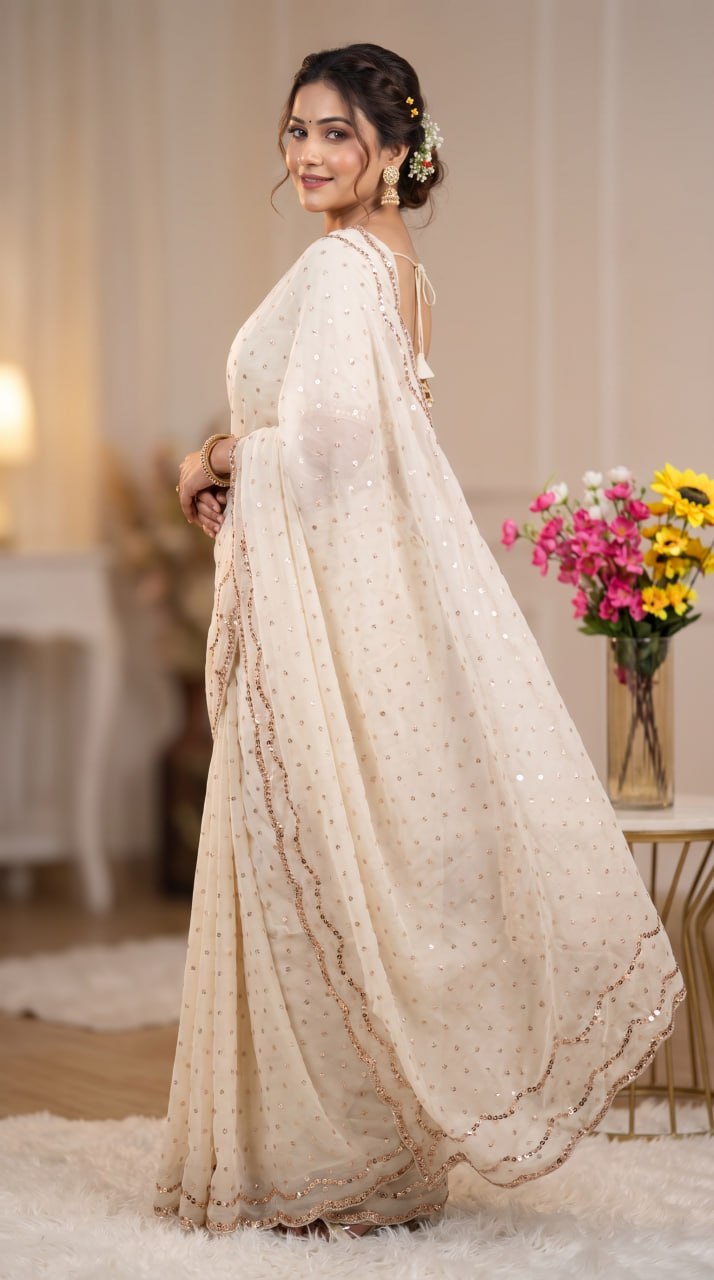 Pure NC Butti Silk With Beautiful Original Rose Gold  Beads Work Saree