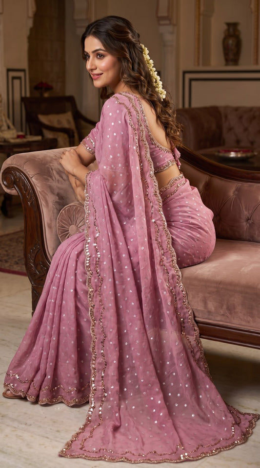 Pure NC Butti Silk With Beautiful Original Rose Gold  Beads Work Saree
