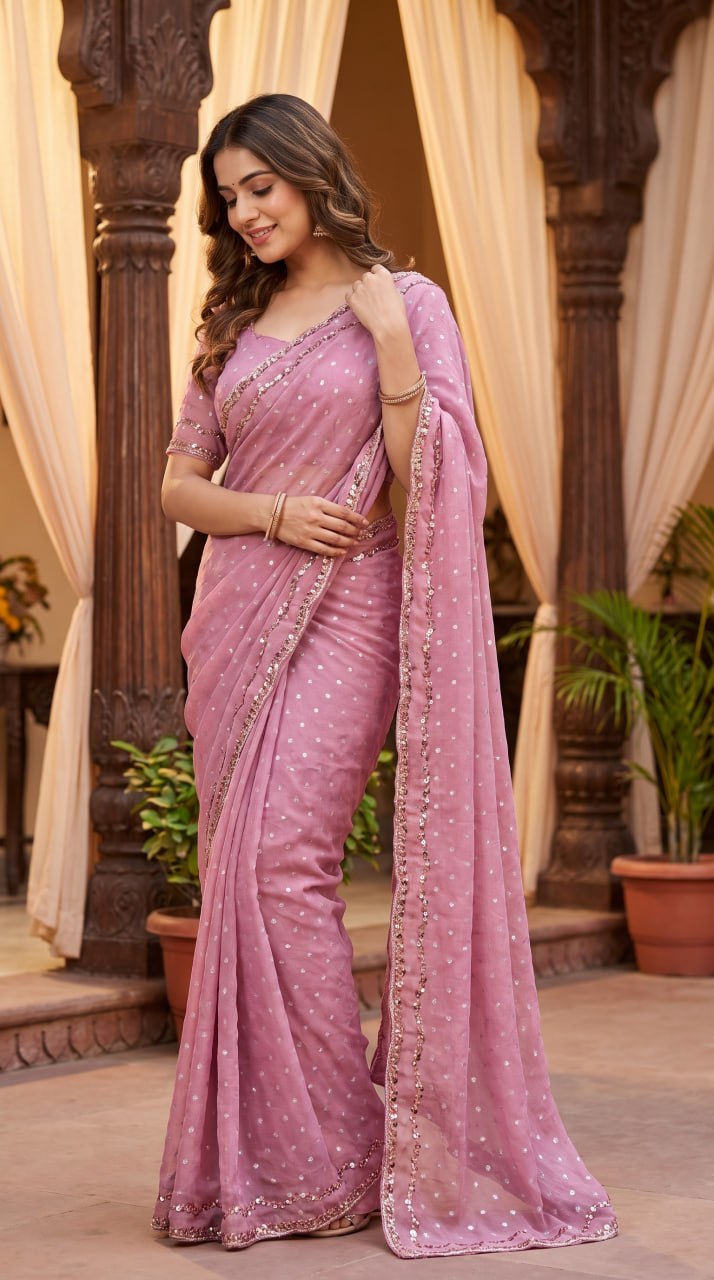 Pure NC Butti Silk With Beautiful Original Rose Gold  Beads Work Saree