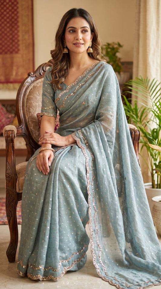 Pure NC Butti Silk With Beautiful Original Rose Gold  Beads Work Saree