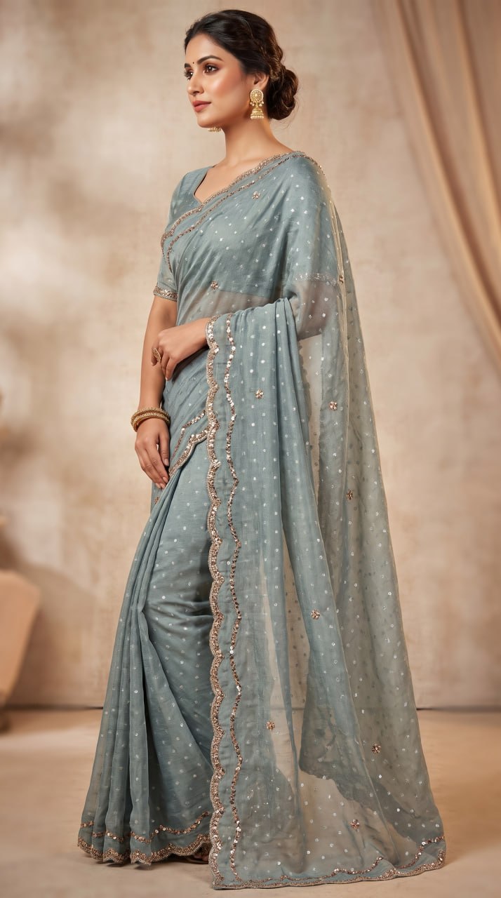 Pure NC Butti Silk With Beautiful Original Rose Gold  Beads Work Saree