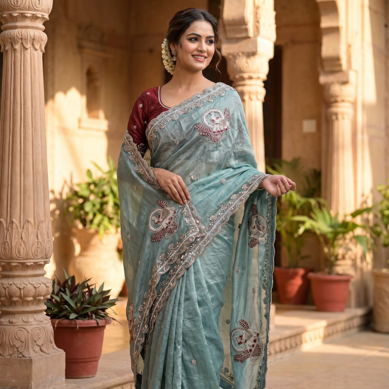 Pure Fandy Sattin Silk With Beautiful Original Rose Gold Beads Saree