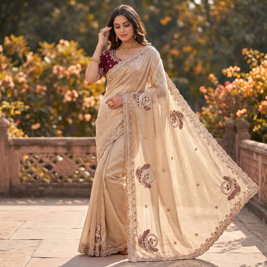 Pure Fandy Sattin Silk With Beautiful Original Rose Gold Beads Saree