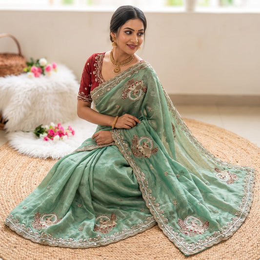 Pure Fandy Sattin Silk With Beautiful Original Rose Gold Beads Saree