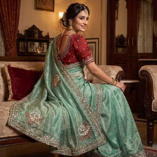 Pure Fandy Sattin Silk With Beautiful Original Rose Gold Beads Saree