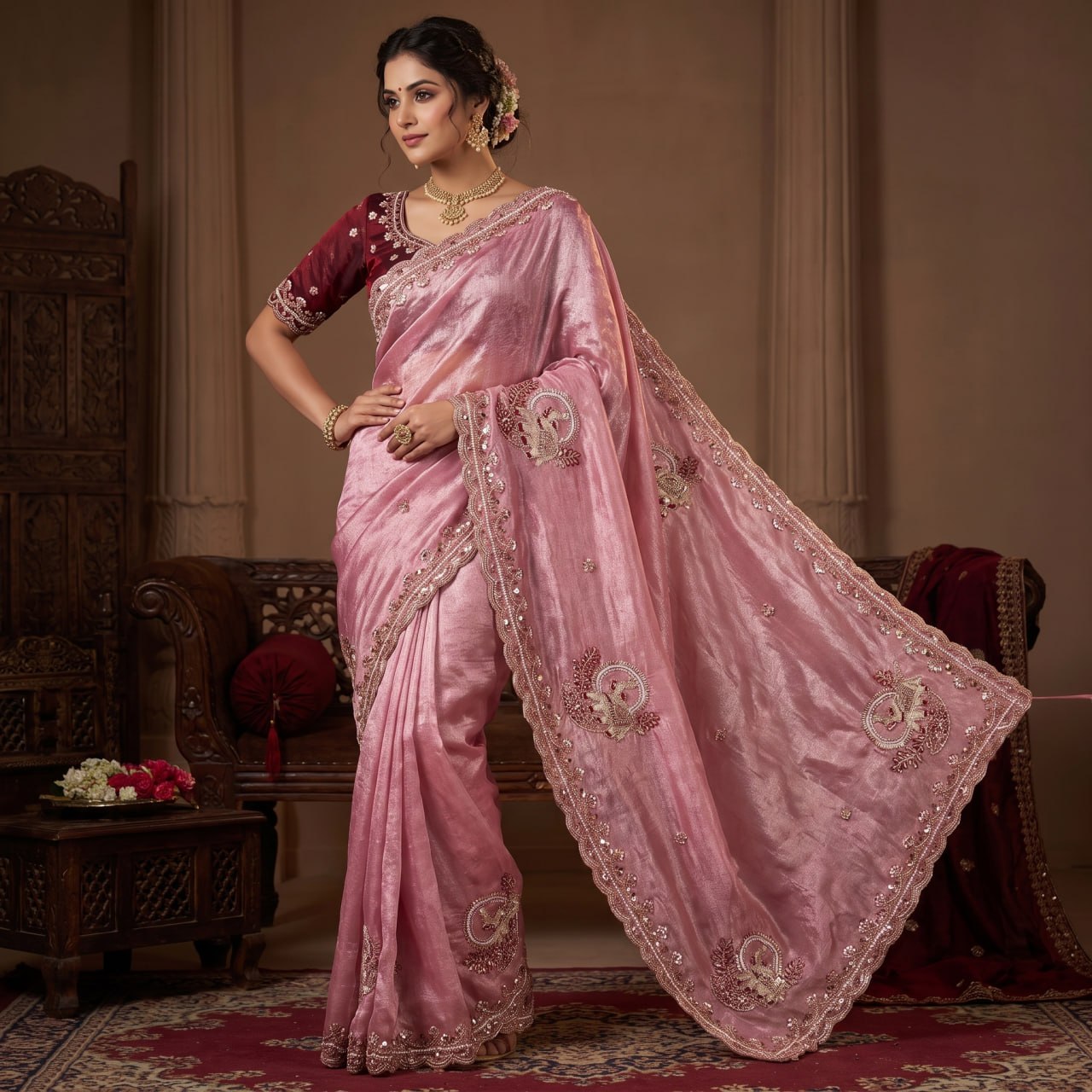 Pure Fandy Sattin Silk With Beautiful Original Rose Gold Beads Saree